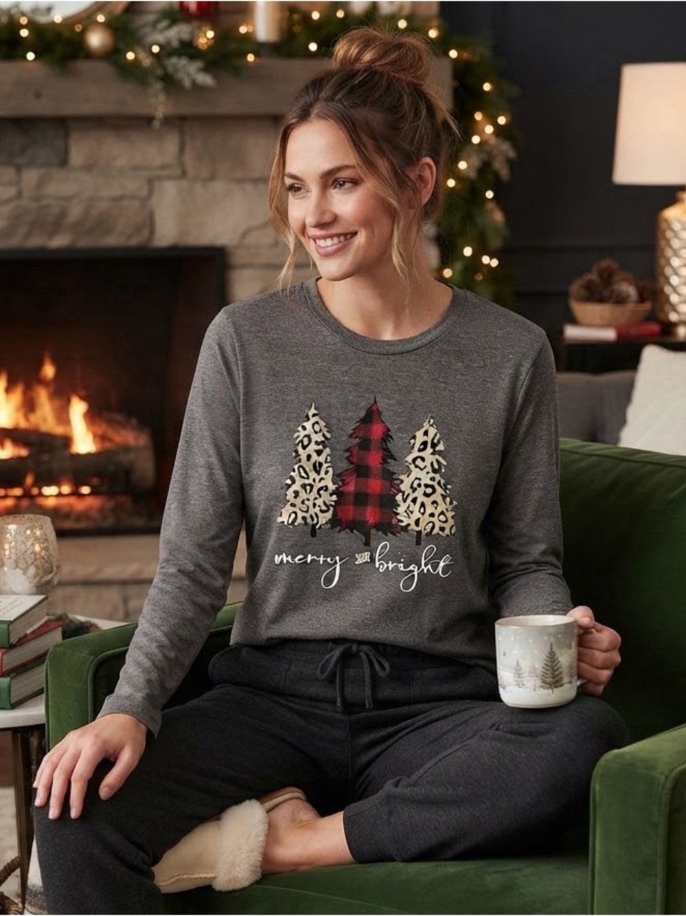 Christmas Long Sleeve Top with Red Buffalo Plaid & Leopard Tree Graphic
